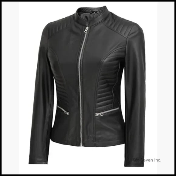 Real Lambskin Leather Jacket Cafe Racer Style Women's